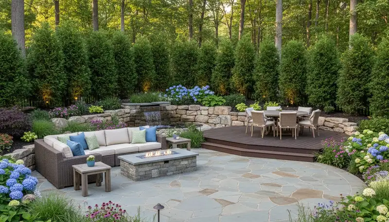 Backyard patio landscape design with lighting and greenery by Chop Chop Landscaping in Bellevue, WA