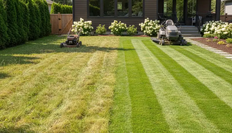 Before and after professional lawn mowing in Bellevue, WA showing clean, even grass transformation