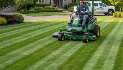 Commercial mower creating precise striped lawn patterns in Bellevue, WA by Chop Chop Landscaping