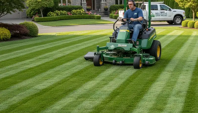 Commercial mower creating precise striped lawn patterns in Bellevue, WA by Chop Chop Landscaping