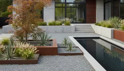 Modern pea gravel landscape with geometric plantings in Bellevue WA by Chop Chop Landscaping