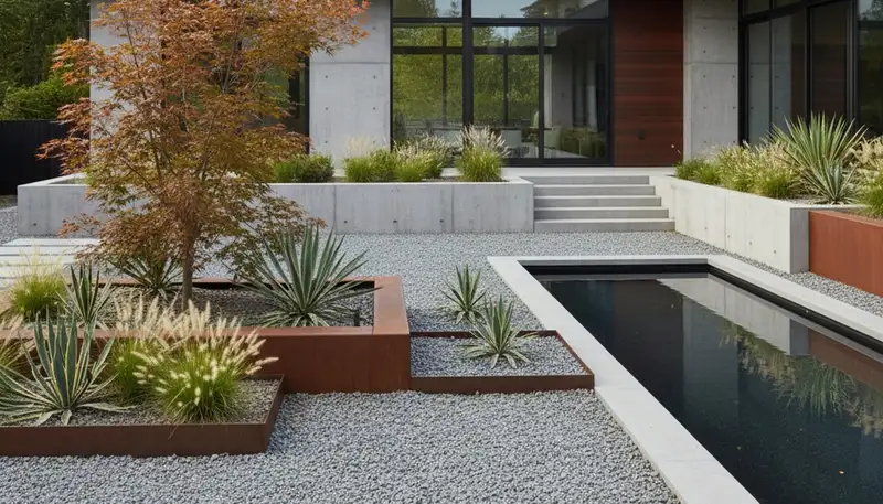 Modern pea gravel landscape with geometric plantings in Bellevue WA by Chop Chop Landscaping