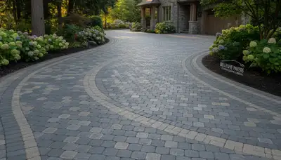 Curved paver driveway installation in Bellevue, WA showcasing custom design and expert landscaping craftsmanship