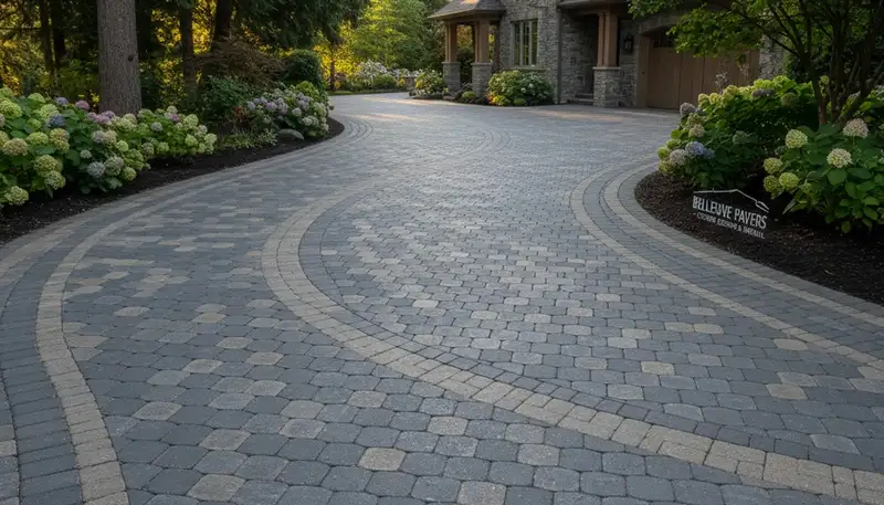 Curved paver driveway installation in Bellevue, WA showcasing custom design and expert landscaping craftsmanship