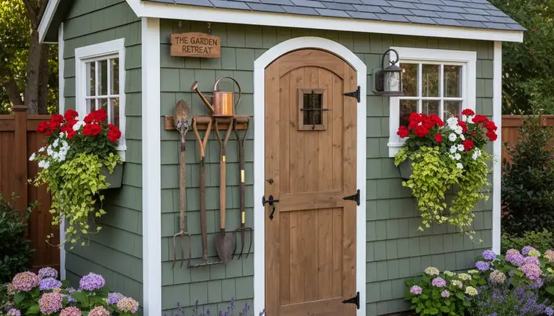 Decorative garden shed with custom landscaping in Bellevue, WA by Chop Chop Landscaping