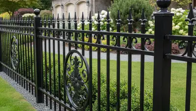 Black ornamental metal fence design by Chop Chop Landscaping in Bellevue, WA for lawn and property enhancement