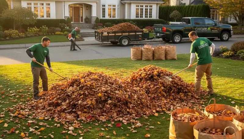 Professional yard crew performing fall leaf cleanup on residential lawn in Bellevue, WA