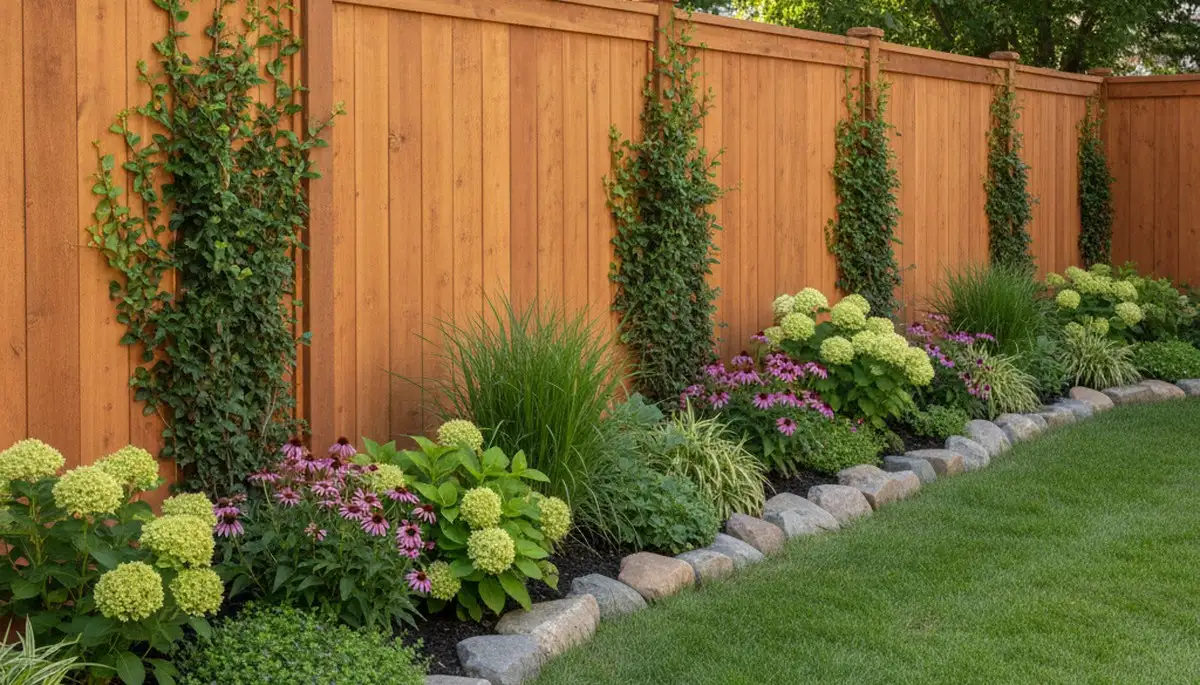 Wood fence with climbing plants and landscape beds by Chop Chop Landscaping in Bellevue, WA
