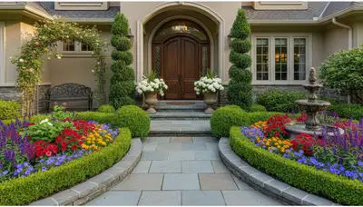 Front yard landscape design with blooming plants and shrubs at Bellevue, WA home by Chop Chop Landscaping
