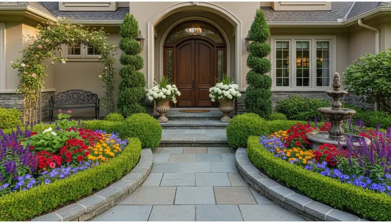 Front yard landscape design with blooming plants and shrubs at Bellevue, WA home by Chop Chop Landscaping