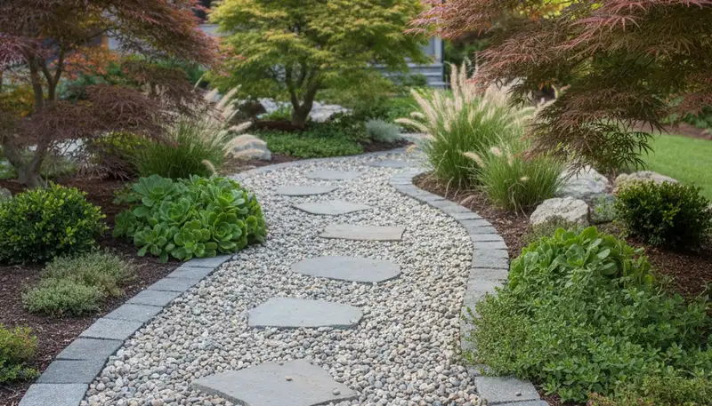 Pea gravel garden path with drainage and lush plantings by Chop Chop Landscaping in Bellevue, WA