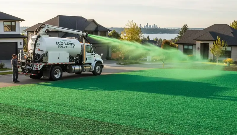Hydroseeder truck spraying green slurry on lawn in Bellevue WA for professional hydroseeding service