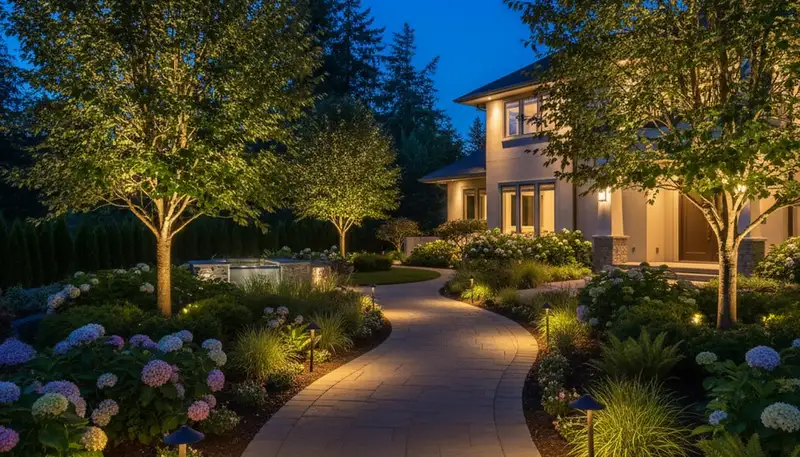 Dusk landscape lighting highlighting walkway and garden design at a Bellevue WA home by Chop Chop Landscaping