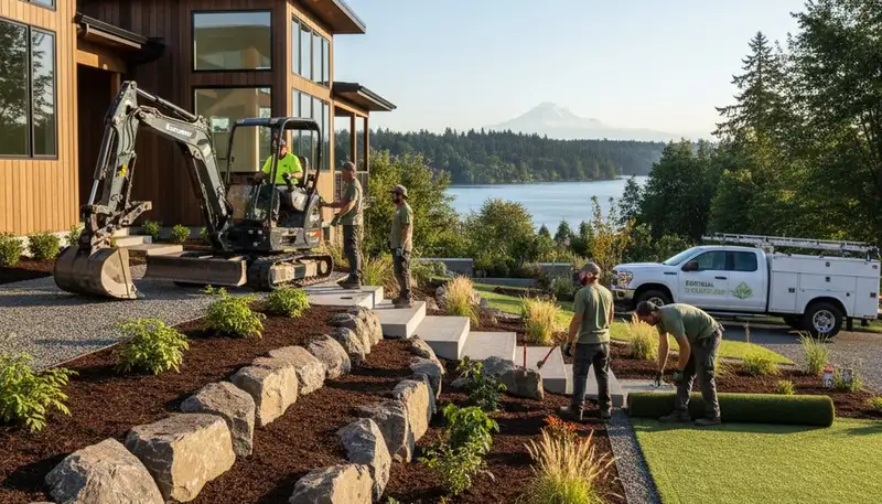 Bellevue, WA landscaping crew providing professional lawn care service for local home and business properties