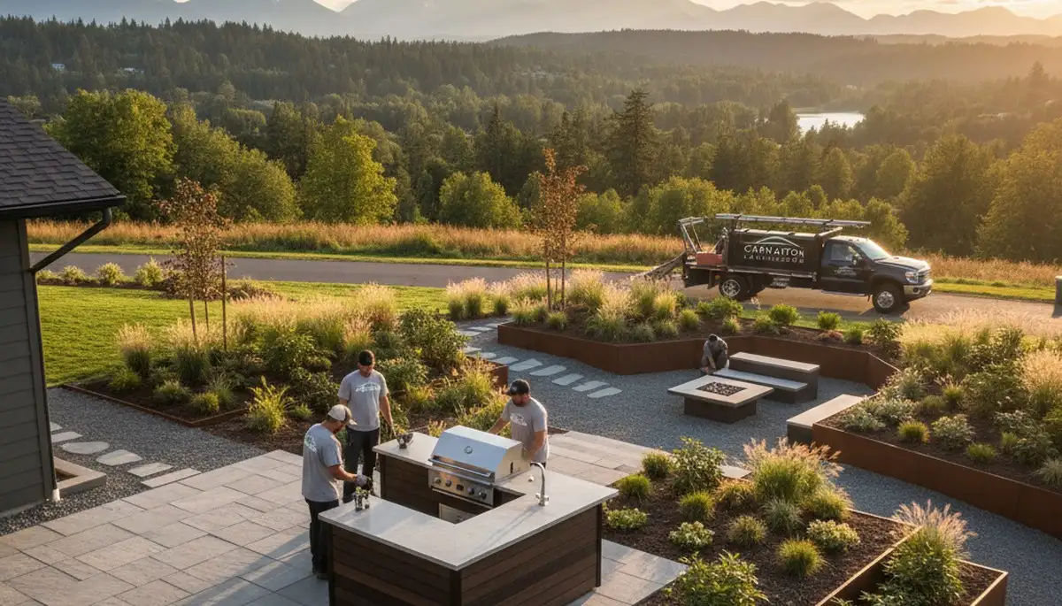 Landscaping team providing lawn care services in Bellevue, WA