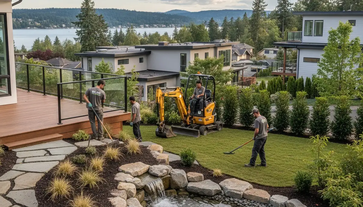 Bellevue, WA landscaping service maintaining a neatly trimmed residential lawn and shrubs