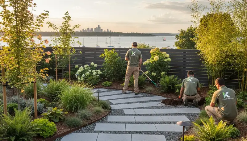 Bellevue, WA landscaping service team maintaining a residential lawn and yard