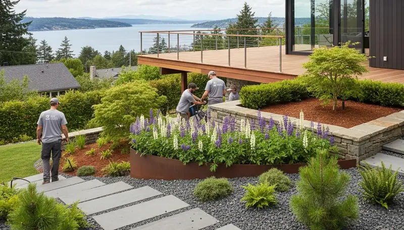 Bellevue, WA landscaping crew providing professional lawn care for a residential yard