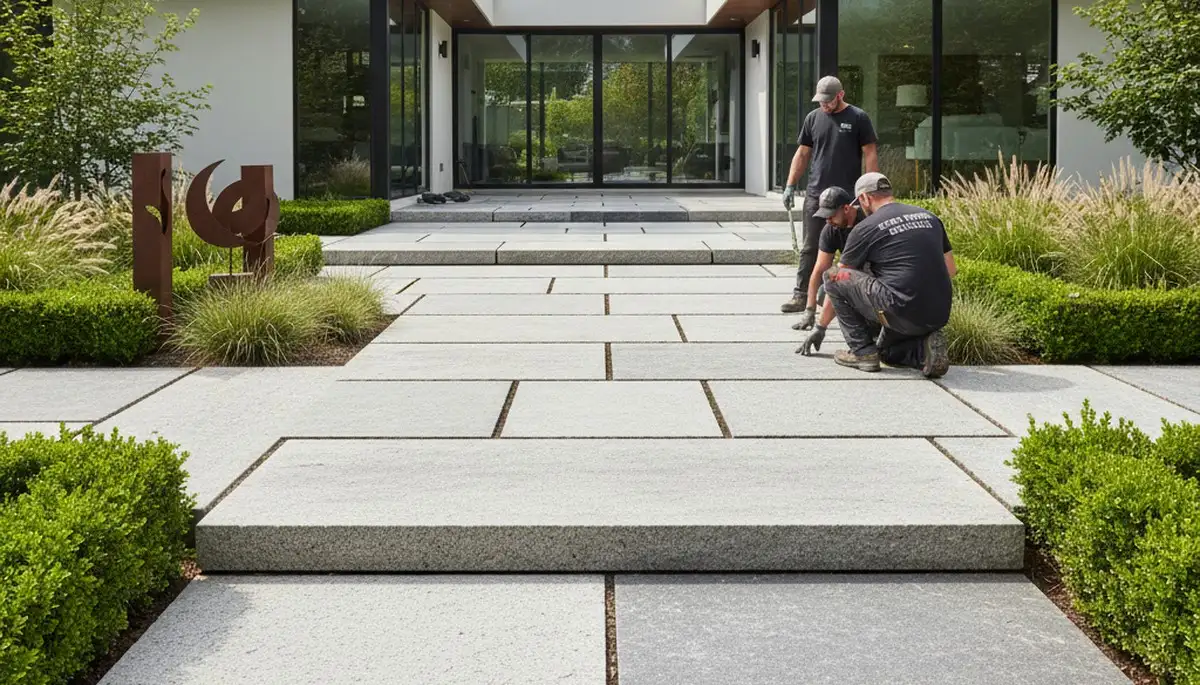 Large format stone slab installation by Chop Chop Landscaping in Bellevue, WA showcasing modern hardscaping.