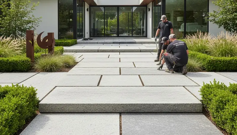 Large format stone slab installation by Chop Chop Landscaping in Bellevue, WA showcasing modern hardscaping.