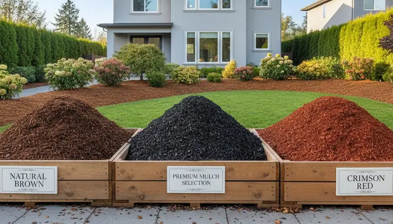 Brown, black, and red mulch color samples for Bellevue WA landscaping by Chop Chop Landscaping