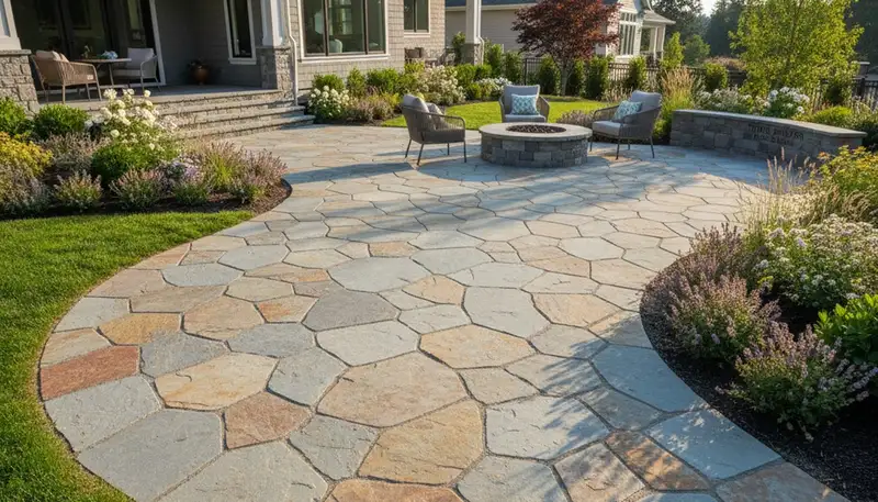 Flagstone patio with natural slate pavers expertly installed by Chop Chop Landscaping in Bellevue, WA