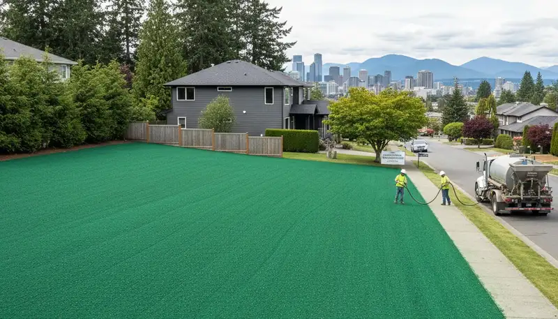 Freshly applied hydroseed covering soil for professional landscaping in Bellevue, WA