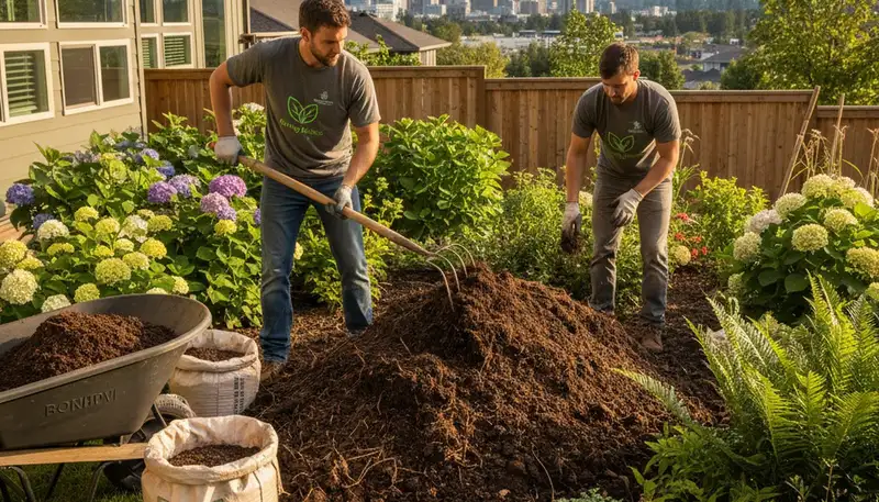 Organic soil amendment and compost application by landscapers in Bellevue, WA for healthy, natural lawns