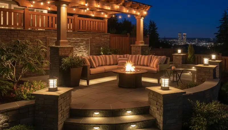 Illuminated patio with post cap and step lights by Chop Chop Landscaping in Bellevue, WA