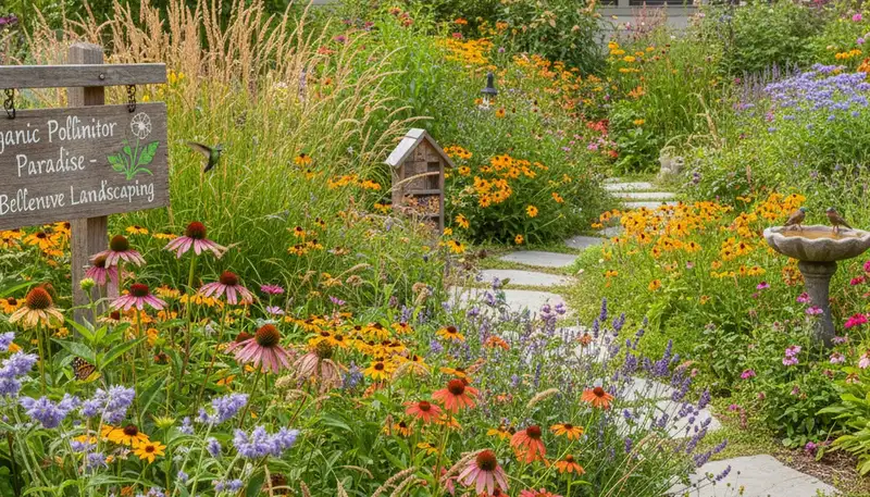 Organic native pollinator garden with bee-friendly flowers in full bloom in Bellevue, WA landscaping