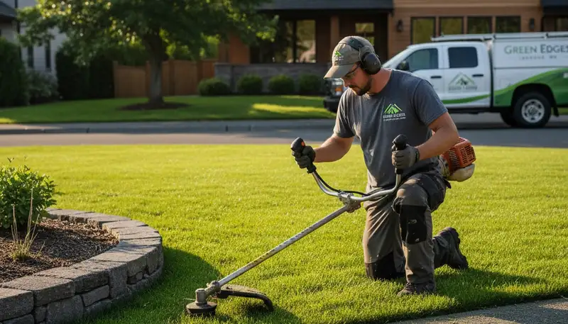 Technician performing precise lawn edge trimming in Bellevue, WA for professional lawn maintenance