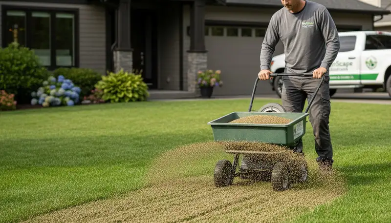 Lawn care technician spreading fertilizer evenly on residential lawn in Bellevue, WA for Chop Chop Landscaping