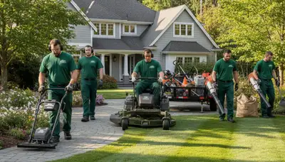 Professional lawn mowing and edging team providing residential lawn care in Bellevue, WA