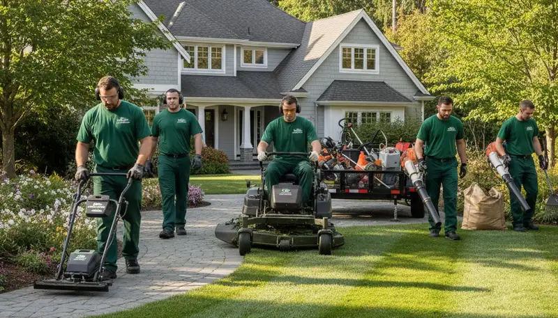 Professional lawn mowing and edging team providing residential lawn care in Bellevue, WA