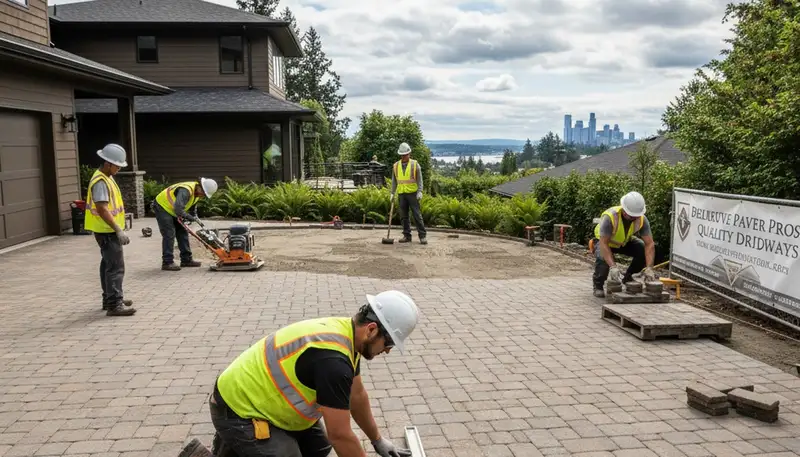 Professional workers installing driveway pavers in Bellevue, WA for Chop Chop Landscaping