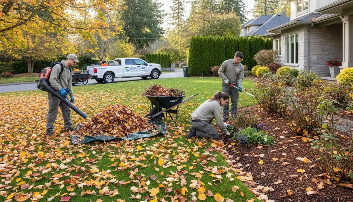 Technician using leaf blower for professional lawn cleanup and debris removal in Bellevue, WA