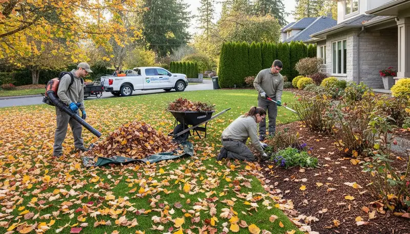Technician using leaf blower for professional lawn cleanup and debris removal in Bellevue, WA
