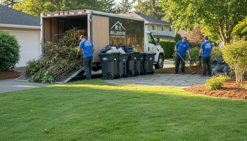 Technicians performing yard debris removal at a Bellevue WA home during professional landscaping cleanup