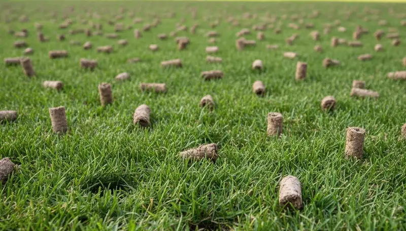 Close-up of soil core plugs after lawn aeration by Chop Chop Landscaping in Bellevue, WA