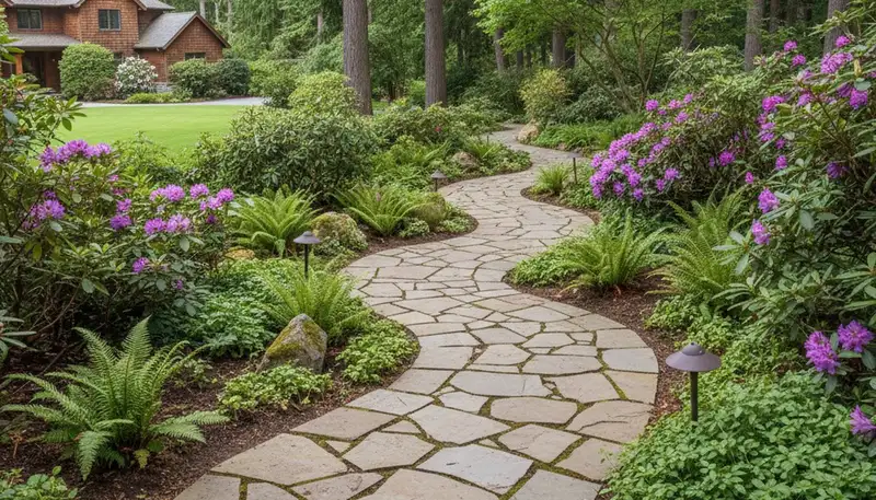 Stone paver walkway winding through landscaped yard in Bellevue, WA by Chop Chop Landscaping