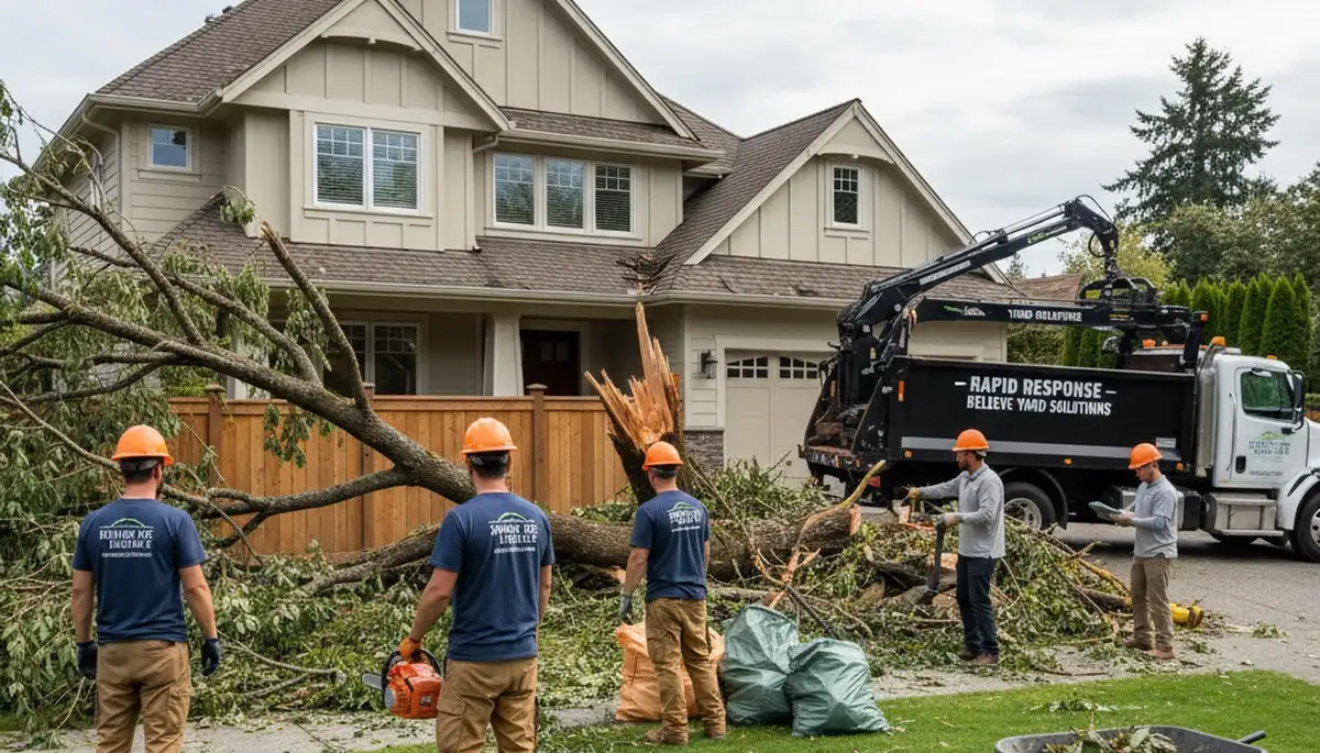Technicians clearing storm debris during professional yard cleanup in Bellevue, WA landscaping service