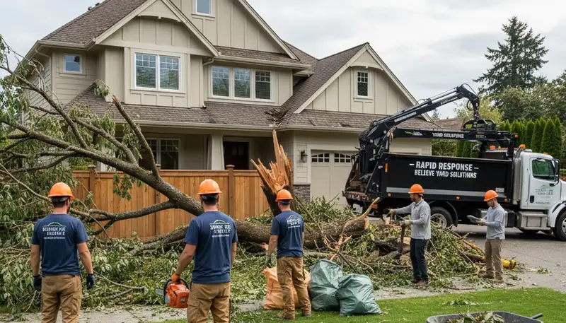 Technicians clearing storm debris during professional yard cleanup in Bellevue, WA landscaping service