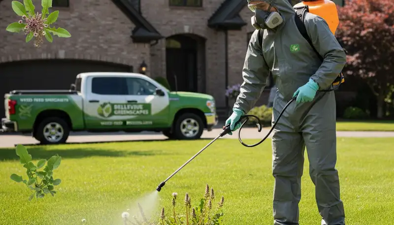 Technician applying targeted weed control with sprayer on Bellevue WA lawn for Chop Chop Landscaping