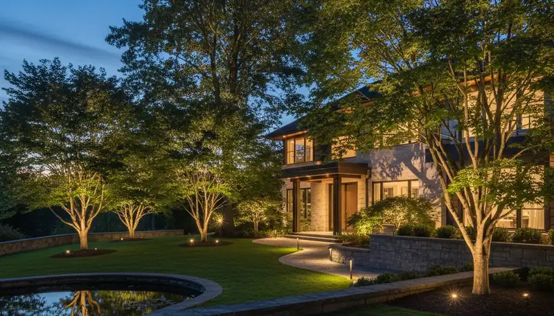 Tree uplighting at night in Bellevue, WA showcasing professional landscape lighting by Chop Chop Landscaping